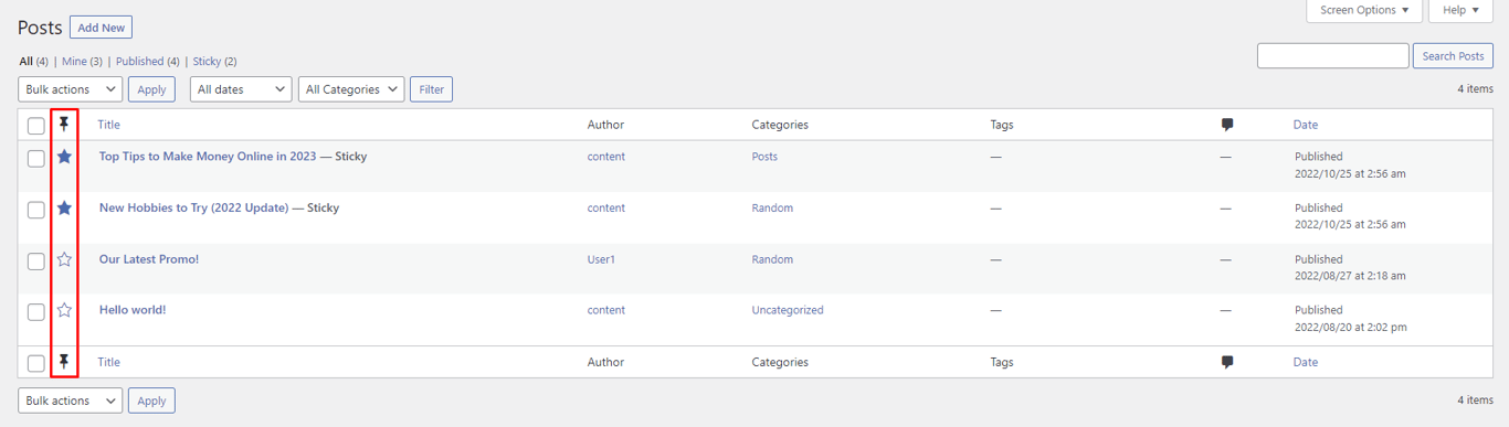 The Sticky Posts plugin creates a new column for pinning posts in the post archive page.