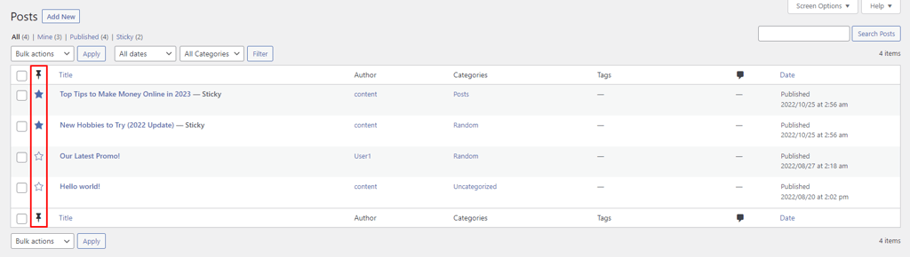 The Sticky Posts plugin creates a new column for pinning posts in the post archive page.