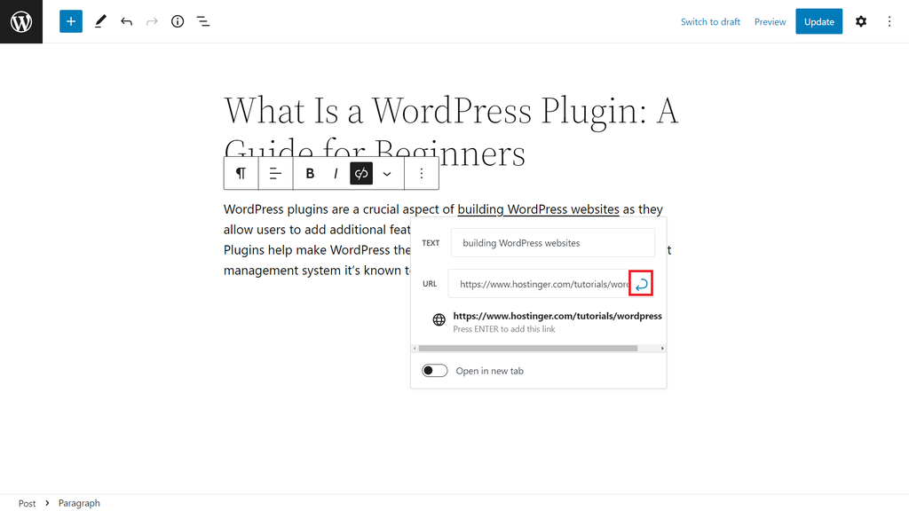 The Submit button on the Link inserter's pop-up window
