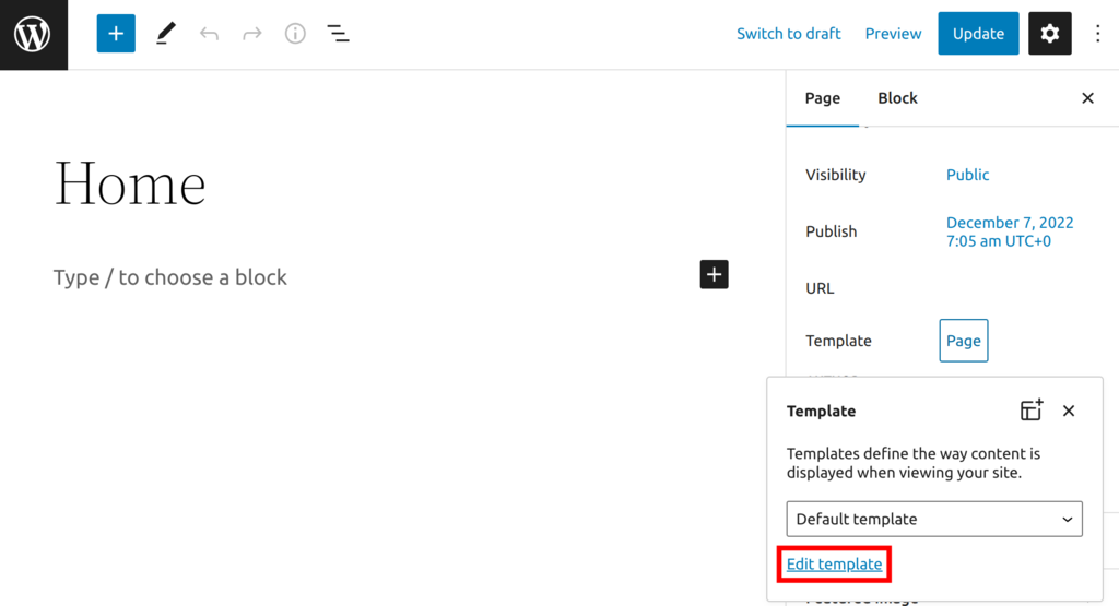 The Template pop-up window, highlighting the Edit template button