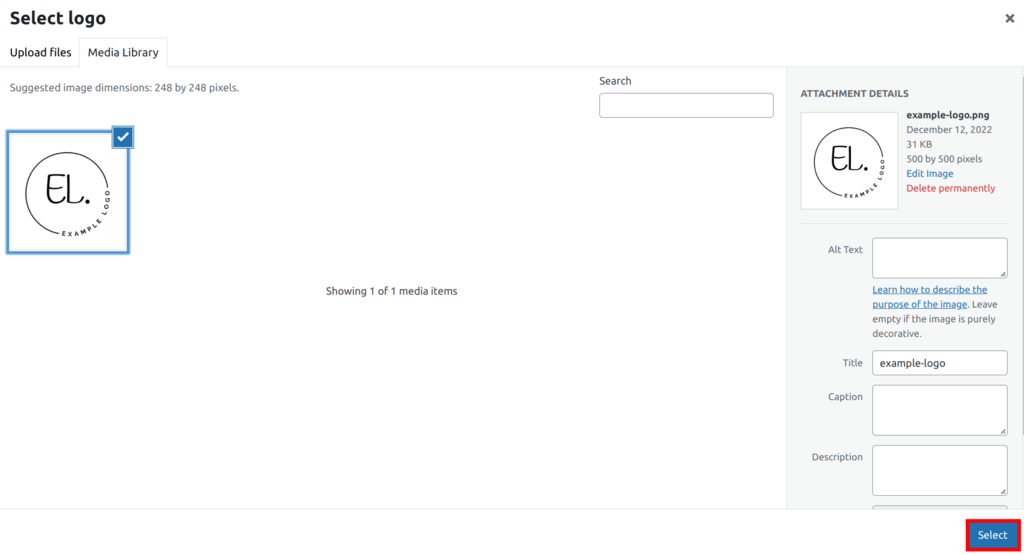 The WordPress Media Library screen after uploading the custom image