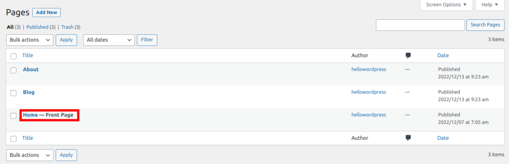 The WordPress Pages screen, with the front page selected
