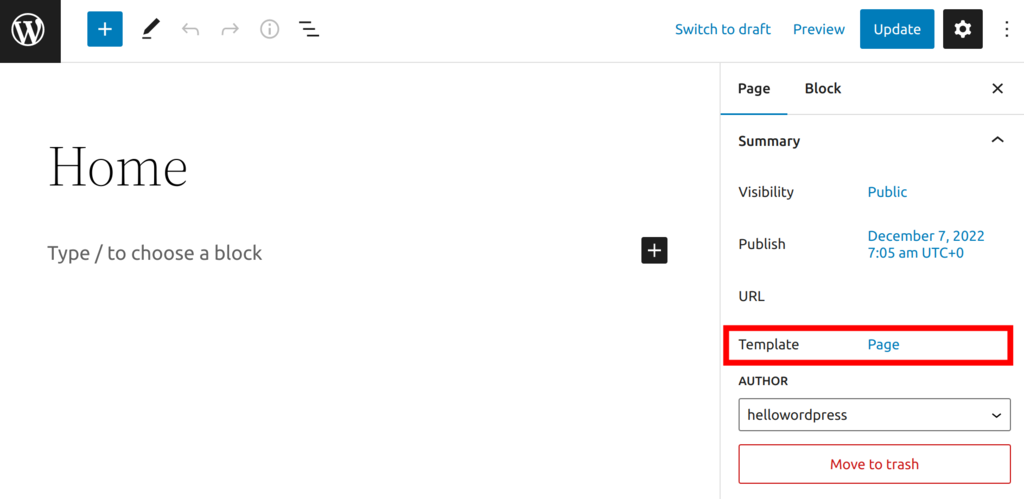 The WordPress block editor, highlighting the Template option on the Settings sidebar