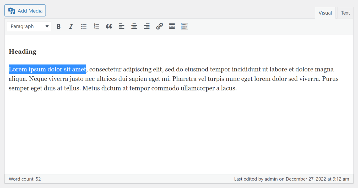 The WordPress classic editor showing the visual editor
