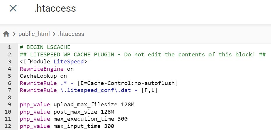 The content of the .htaccess file