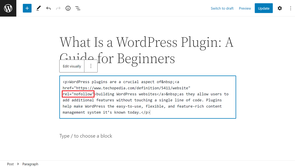 The custom HTML block with the nofollow tag highlighted