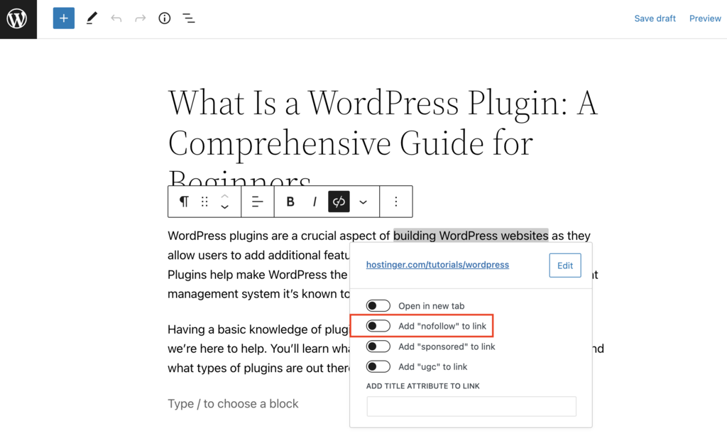 The nofollow attribute on the link options window