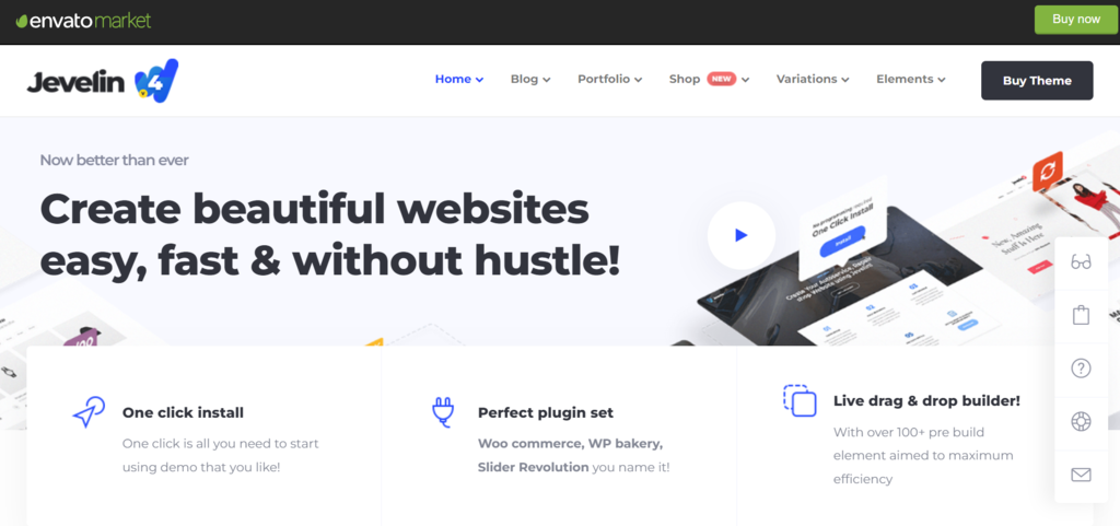 The preview page of Jevelin, a WordPress theme.