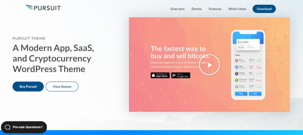 The preview page of Pursuit, a WordPress theme.