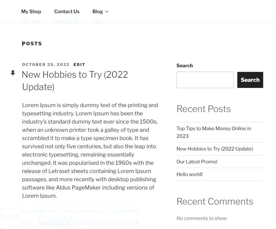 The sticky post appears at the top of the archive page with a pin symbol.