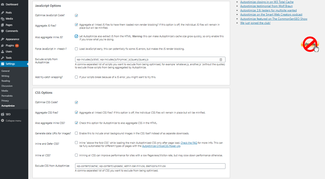 Advanced setting to optimise css and js with autoptimize