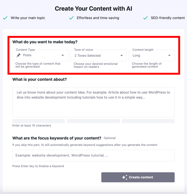 Hostinger ai content creator type of text