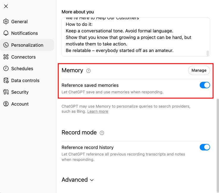 ChatGPT memory settings