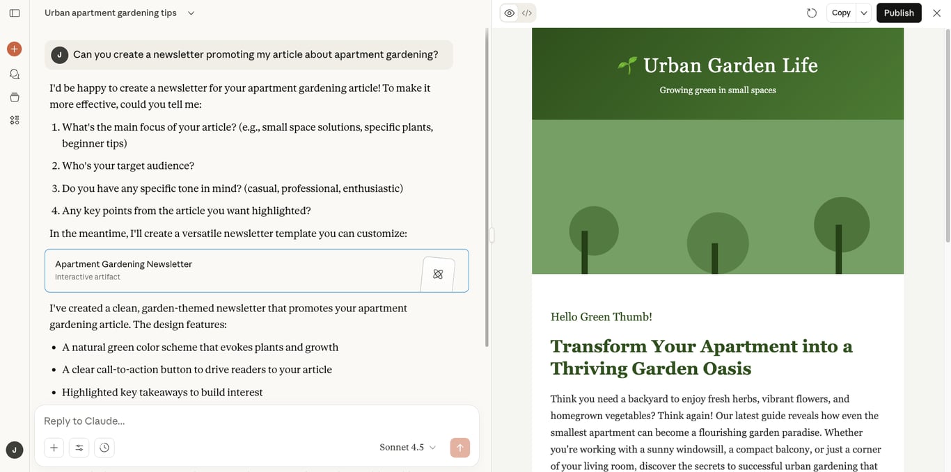 Claude chat interface with a section previewing HTML code