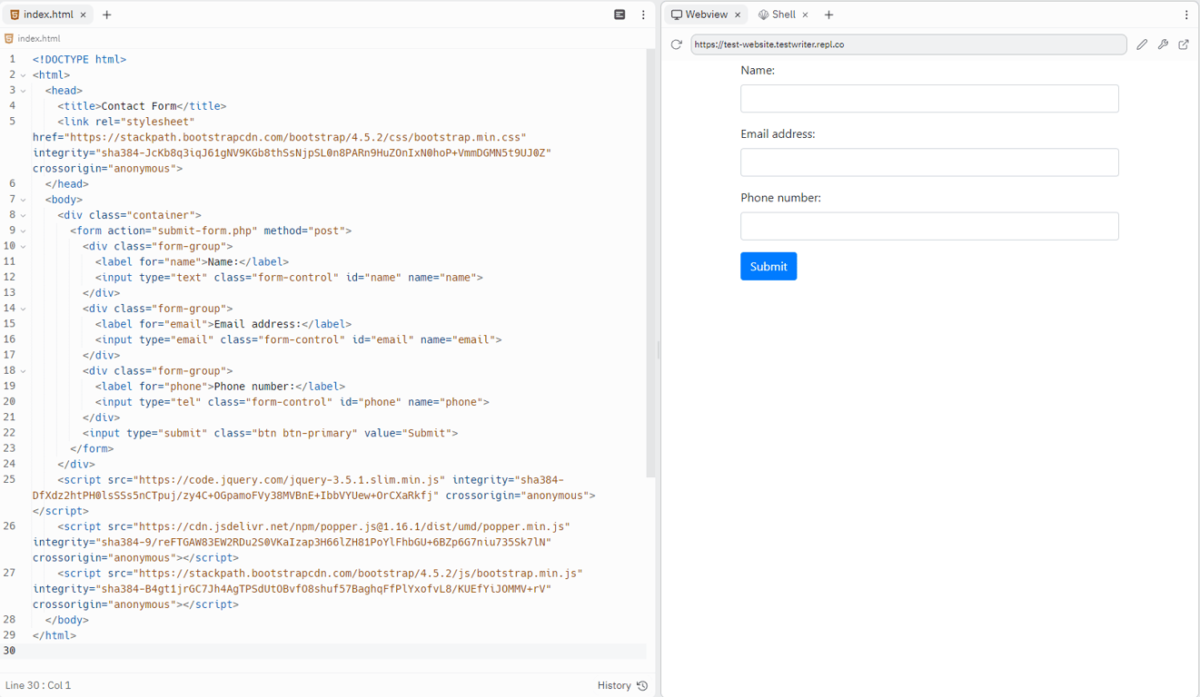 Contact form code testing on Replit

