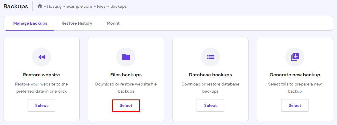 The Backups section on hPanel. Files backups button is highlighted