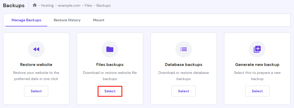 The Backups section on hPanel. Files backups button is highlighted
