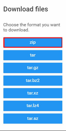 The Download files pop-up, highlighting the zip option