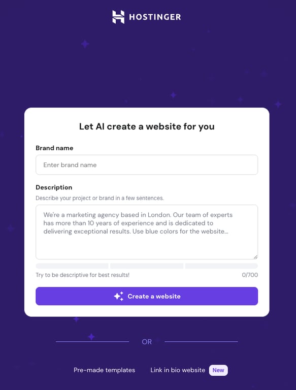 Hostinger AI onboarding popup for prompting