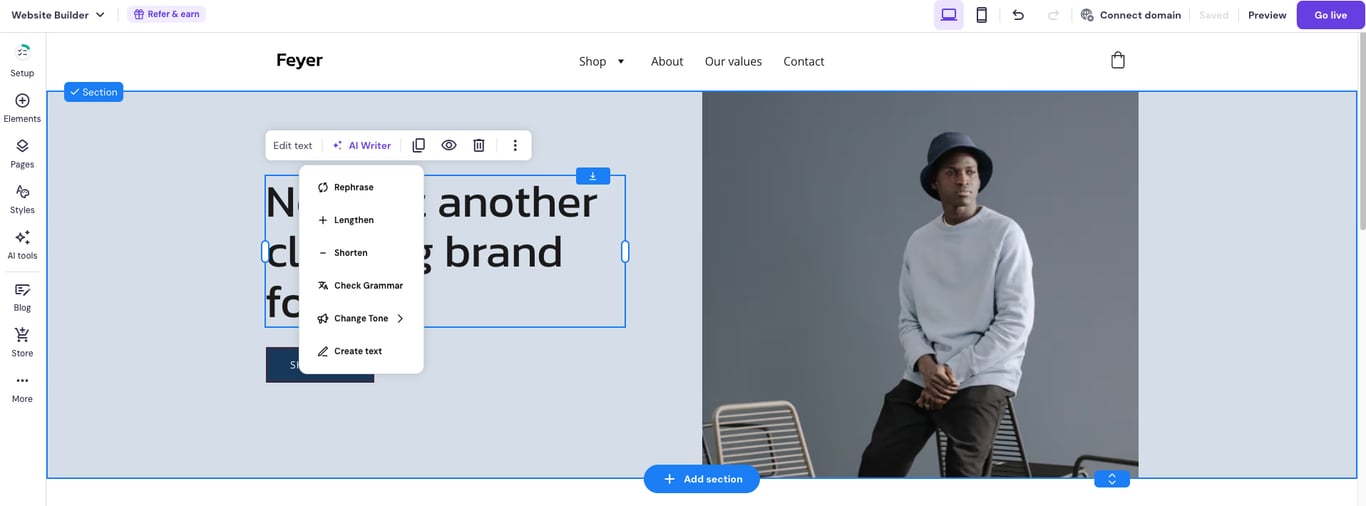 Hostinger editor showing the AI Writer toolbar