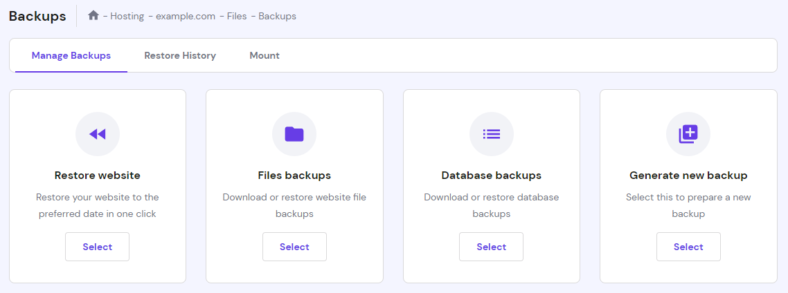hPanel's Manage Backups section