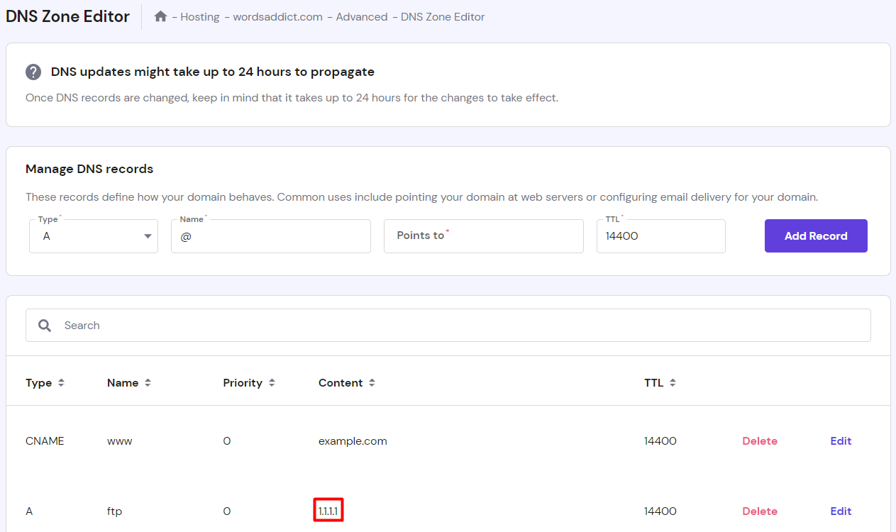 The "DNS Zone Editor" feature on hPanel