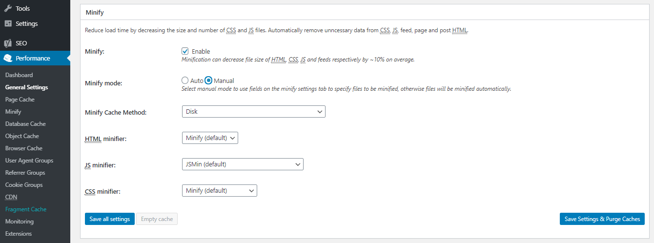 Minify CSS and JS W3 total cache