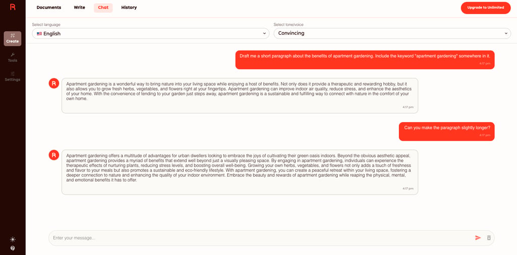 Rytr chat interface