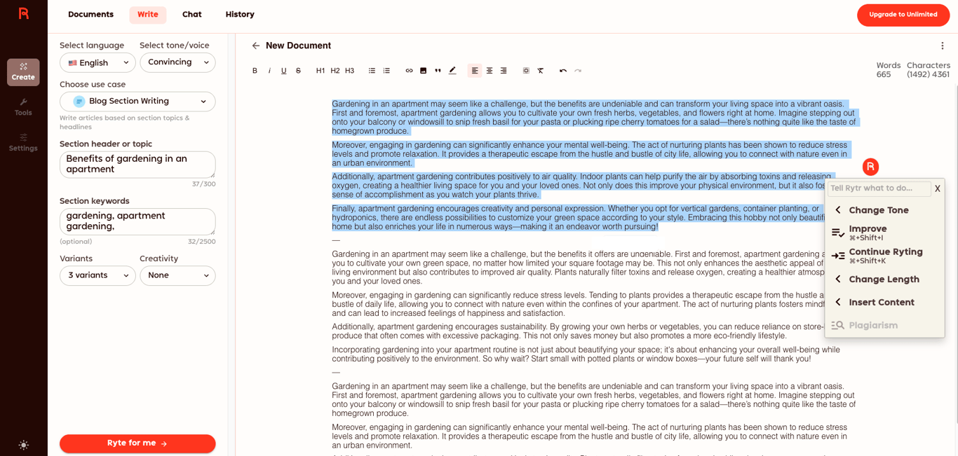 Rytr text editor with a popup toolbar