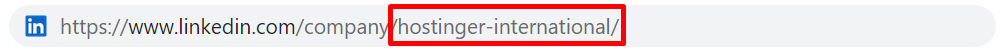 A URL bar containing LinkedIn's Public Profile URL with Hostinger's handle highlighted
