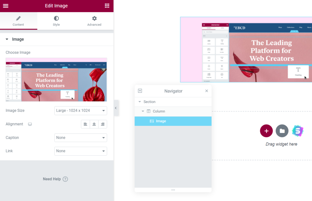 Elementor's image editing menu