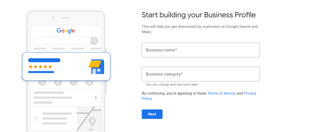 GMB registration page: Start building your Business Profile