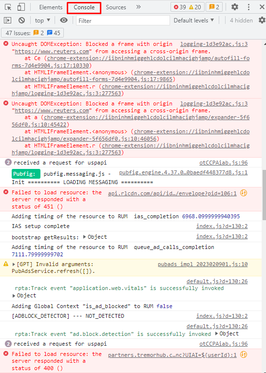 Google Chrome's Inspect Element with the Console tab highlighted
