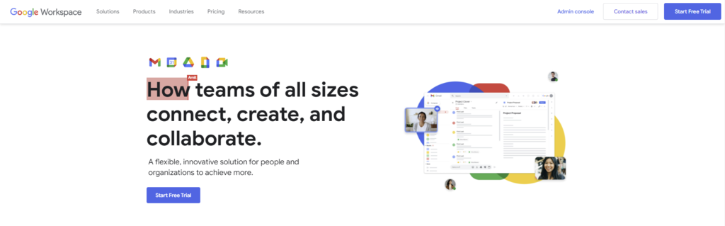 The Google Workspace official homepage showcases how to start a free trial.