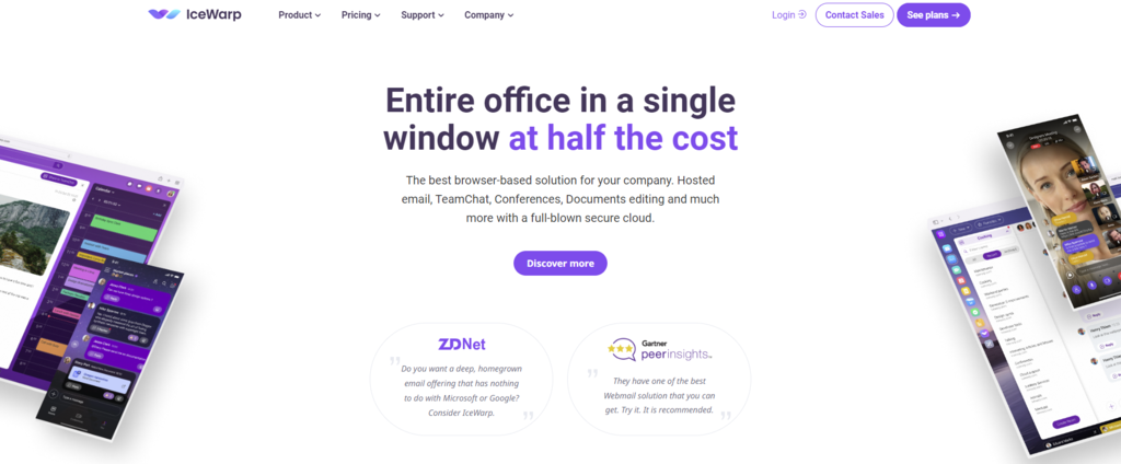 The IceWarp homepage with a button to explore its features.