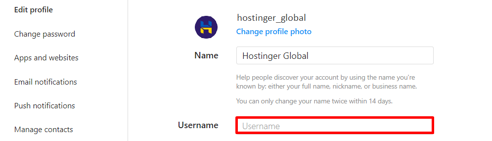Instagram's Edit Profile page with the Username box highlighted