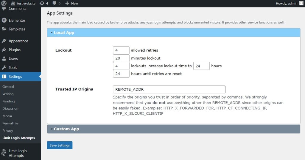 Limit Login Attempt Reloaded's app settings section