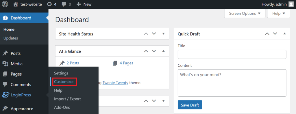 LoginPress' customizer menu in the WordPress sidebar