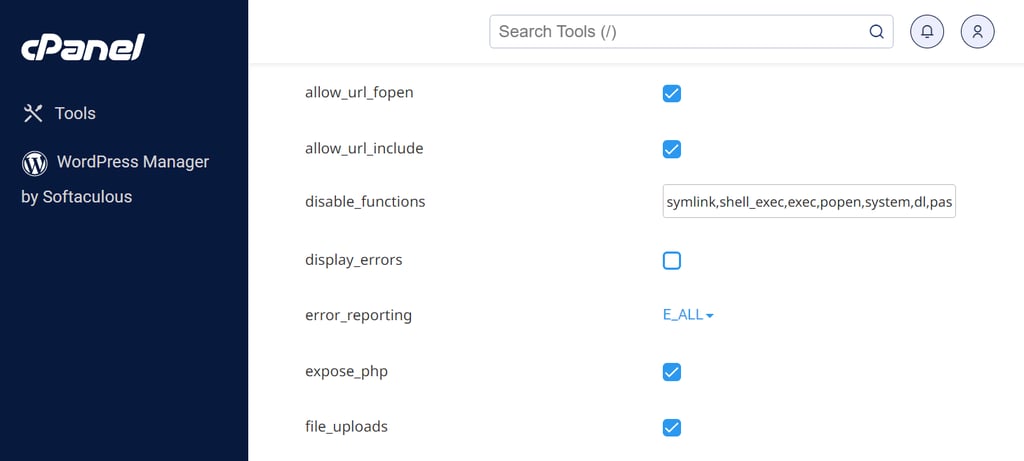 PHP Selector's configuration menu in cPanel