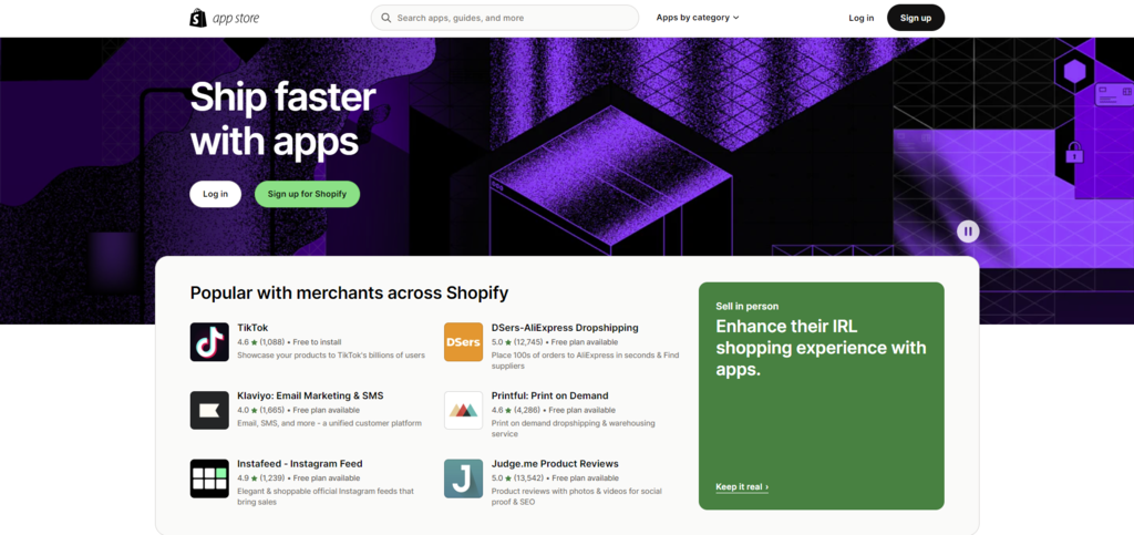 The Shopify App Store with a list of add-ons to scale websites.
