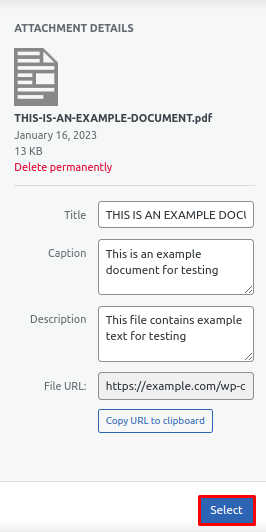 The Attachment Details on WordPress Gutenberg, highlighting the Select button
