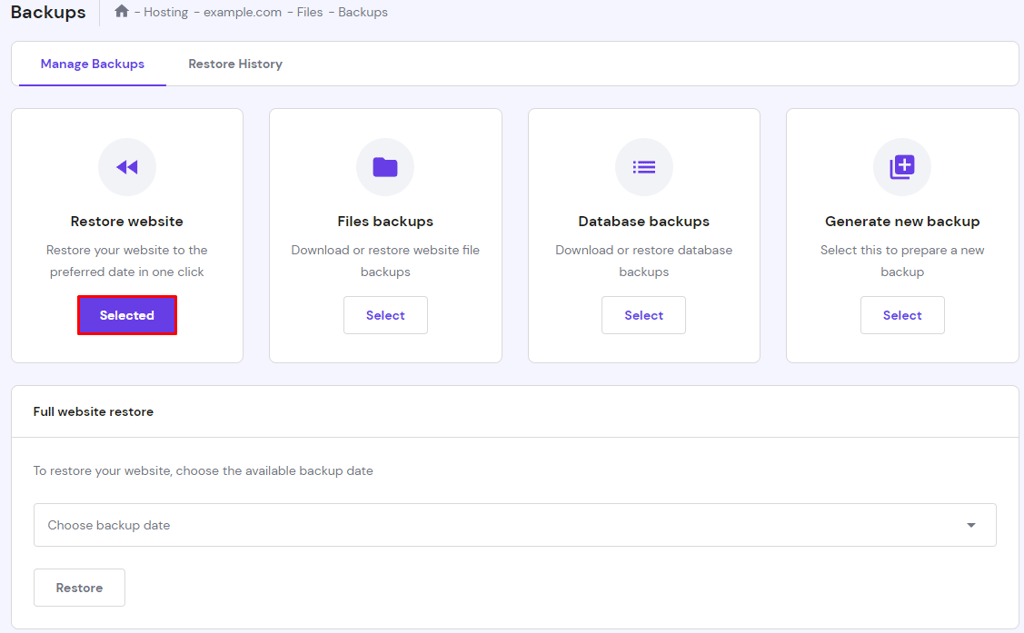 The Backups menu on hPanel with the Selected option highlighted