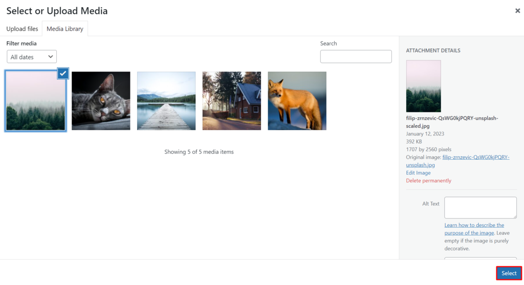 The Media Library pop-up window with the Select button highlighted