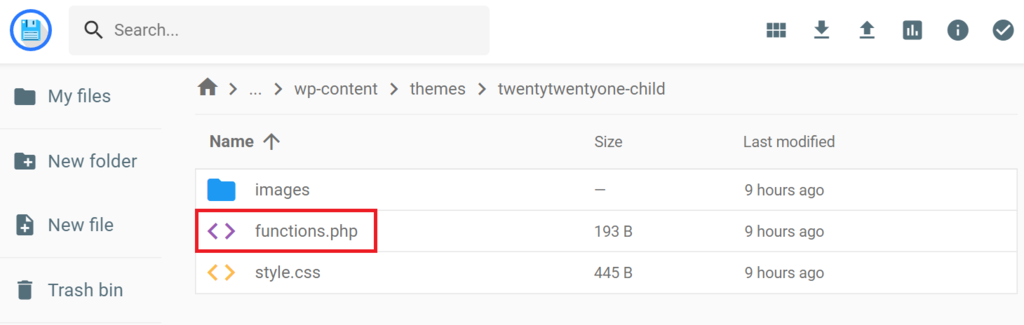 The functions.php file in the child theme folder