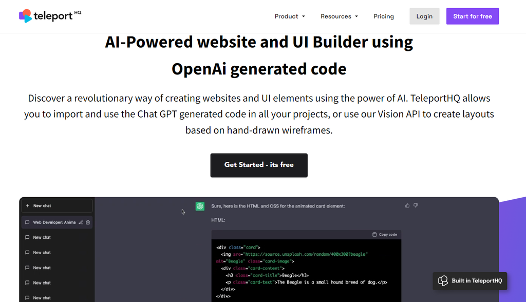 The landing page of TeleportHQ