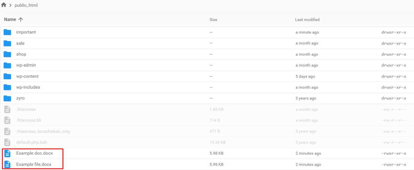 The public_html directory on hPanel with Example doc and Example file highlighted
