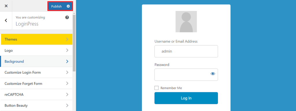 The publish button in the LoginPress customizer screen