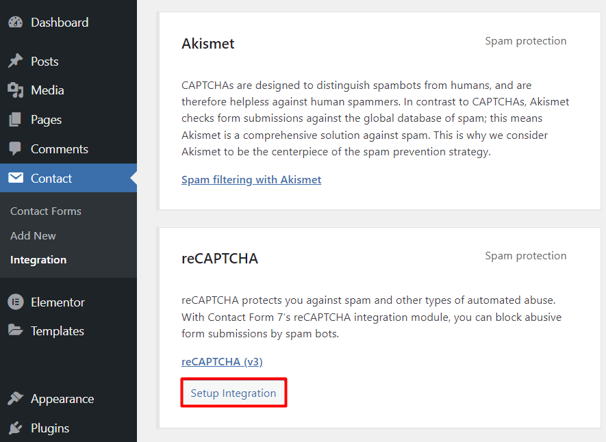 The reCAPTCHA Setup Integration on the WordPress dashboard