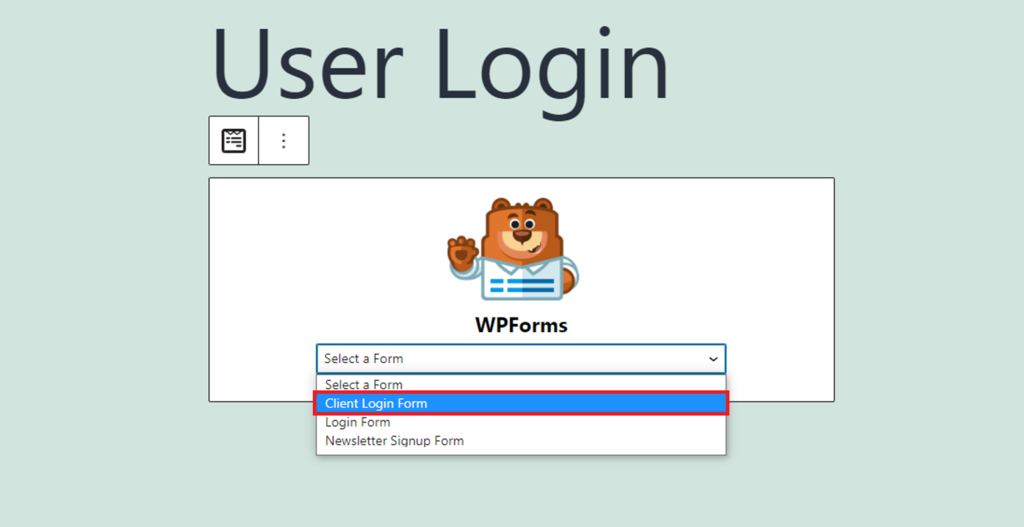 WPForms' custom block drop-down menu