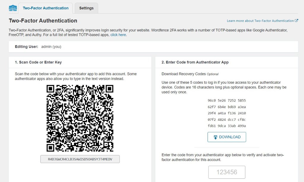 Wordfence security's 2FA setup screen